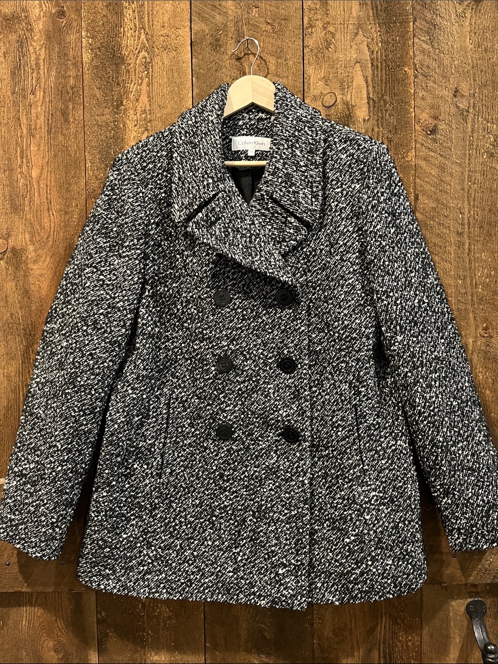 Calvin Klein Black and White Tweed Double-Breasted Peacoat